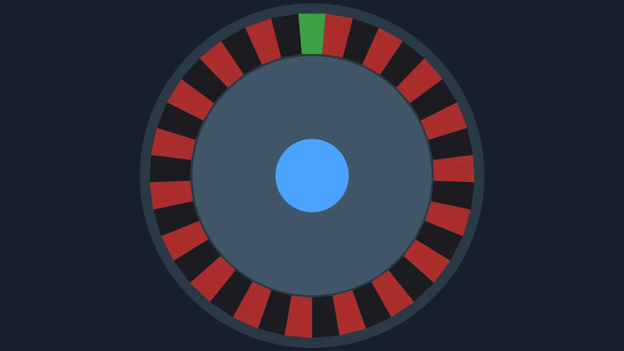 A roulette wheel seen from above with thirty-seven pockets alternating dark red and black around the rim and a single green pocket