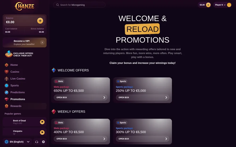 Página de promoções do Chanze com os pacotes de boas-vindas de 650% em slots e 250% em desporto