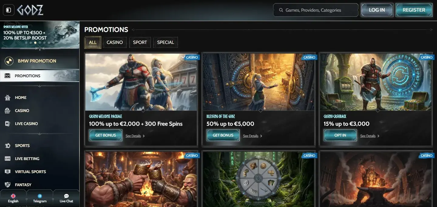 Godz' kampagneside med velkomstpakke, reload og cashback