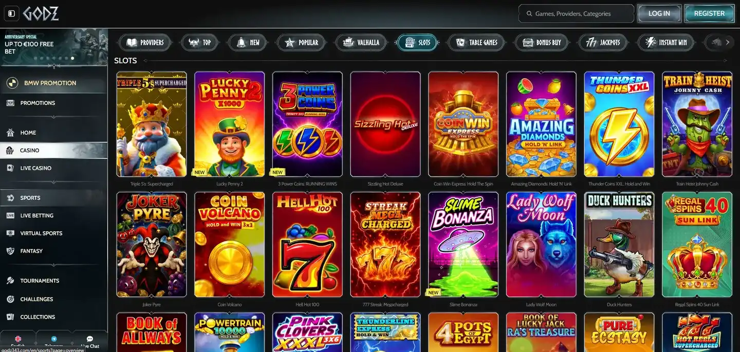 Godz' slotslobby med rigtig spilgrafik og aktuelle titler