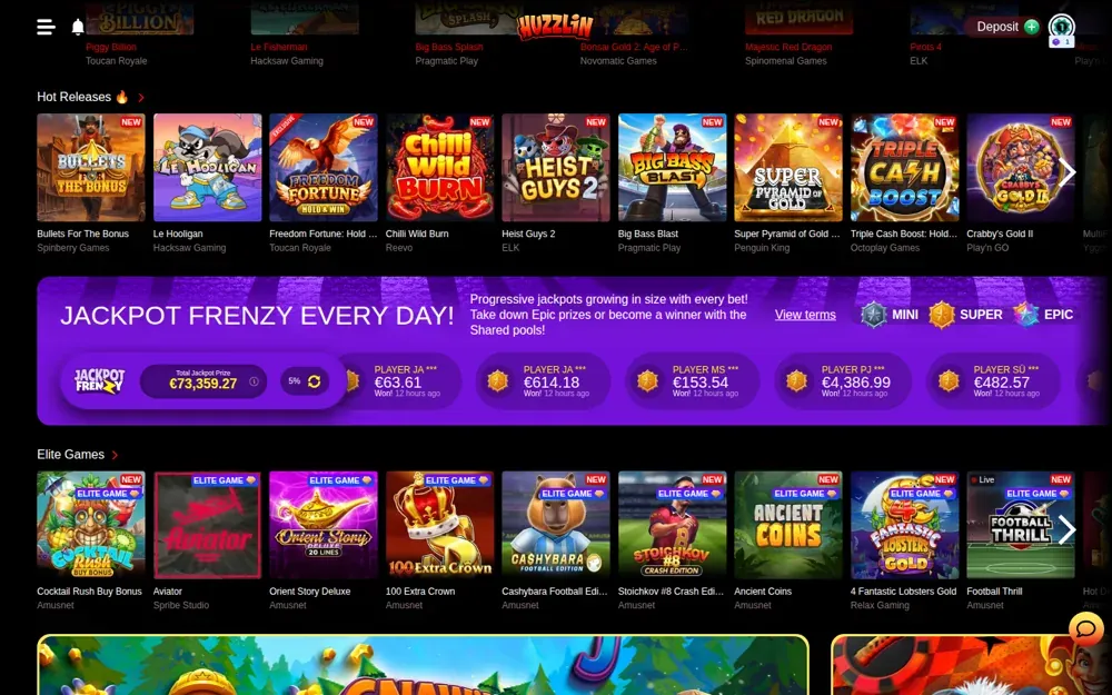 Huzzlin Jackpot-Frenzy-Banner und ELITE-Games-Regal