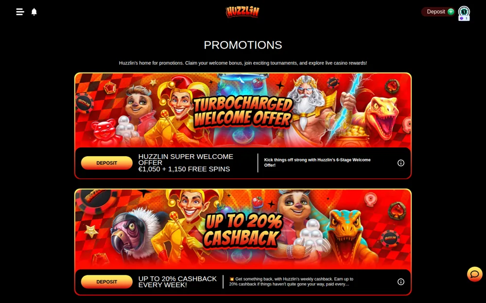 Huzzlin Aktionsseite mit dem Turbocharged-Willkommensangebot und 20-%-Cashback-Bannern
