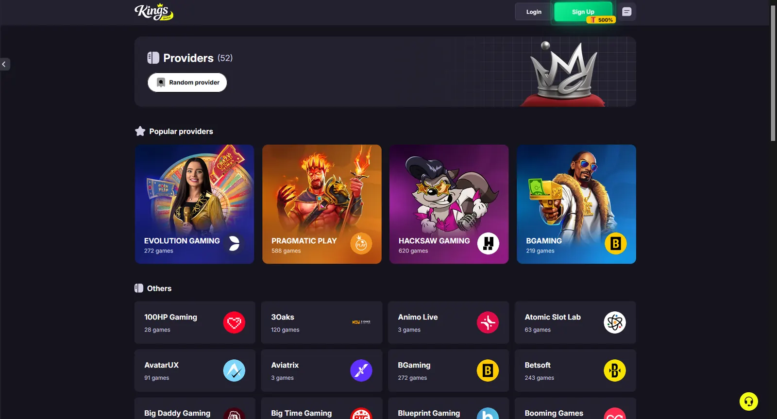 The Kings.Game providers page showing 52 studios with per-provider game counts