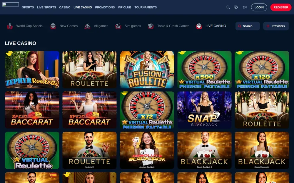 KudosBet live casino met Zephyr Roulette, Speed Baccarat en blackjacktafels