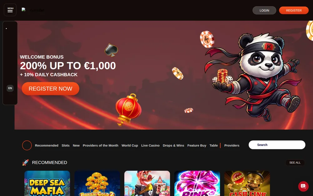 KumoBet Casino Startseite mit dem Ninja-Panda-Maskottchen und dem 200-%-Willkommensbanner
