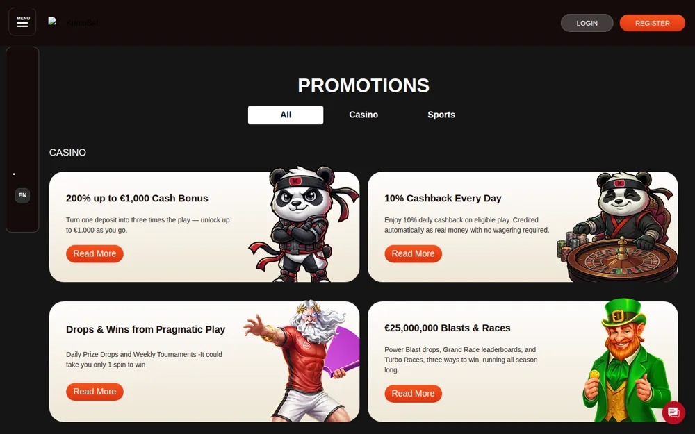 KumoBet Aktionsseite mit Karten zum Willkommensbonus und zum täglichen Cashback von 10 %