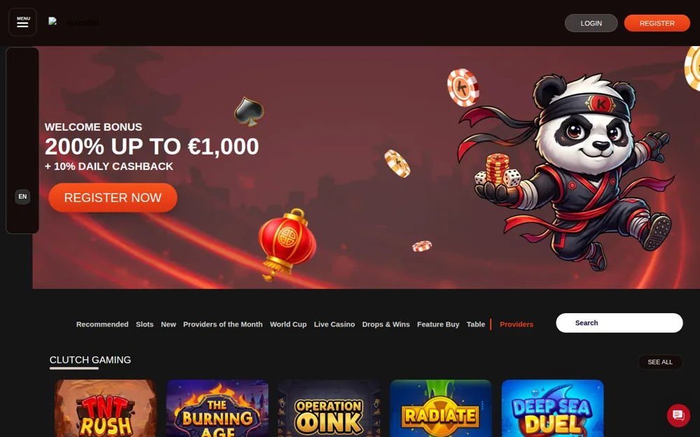KumoBet Provider-Lobby mit Clutch Gaming und weiteren Studio-Regalen