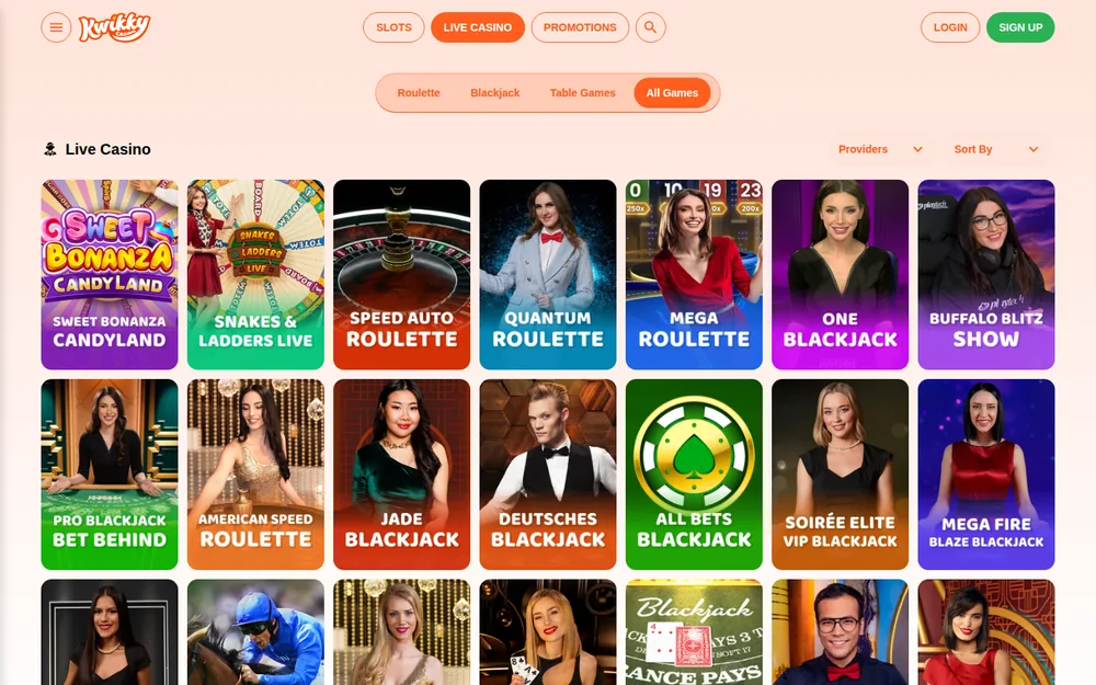 Kwikky Live-Casino-Lobby mit Roulette-, Blackjack- und Game-Show-Tischen