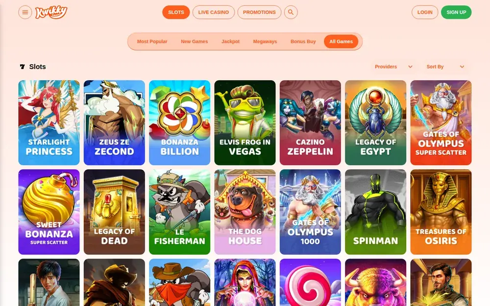 Kwikky Casino Slots-Lobby mit Gates of Olympus, Sweet Bonanza und Legacy of Dead