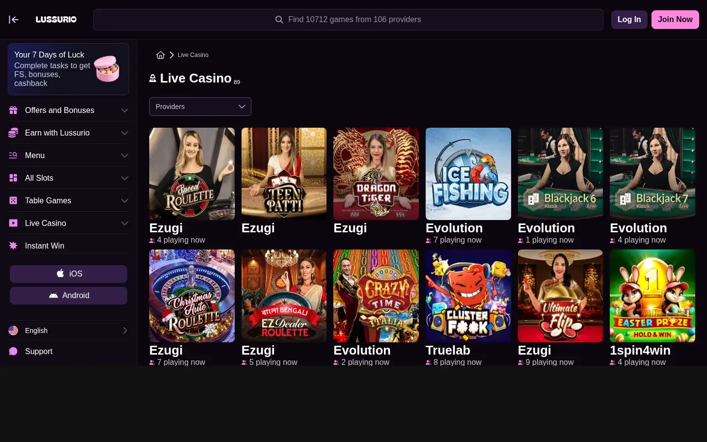Lussurio's live casino lobby with Evolution and Ezugi tables