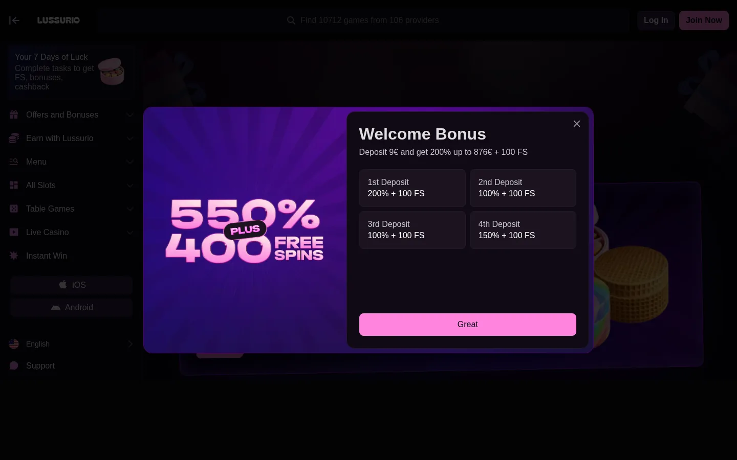 Lussurio's welcome bonus pop-up showing the four deposit stages