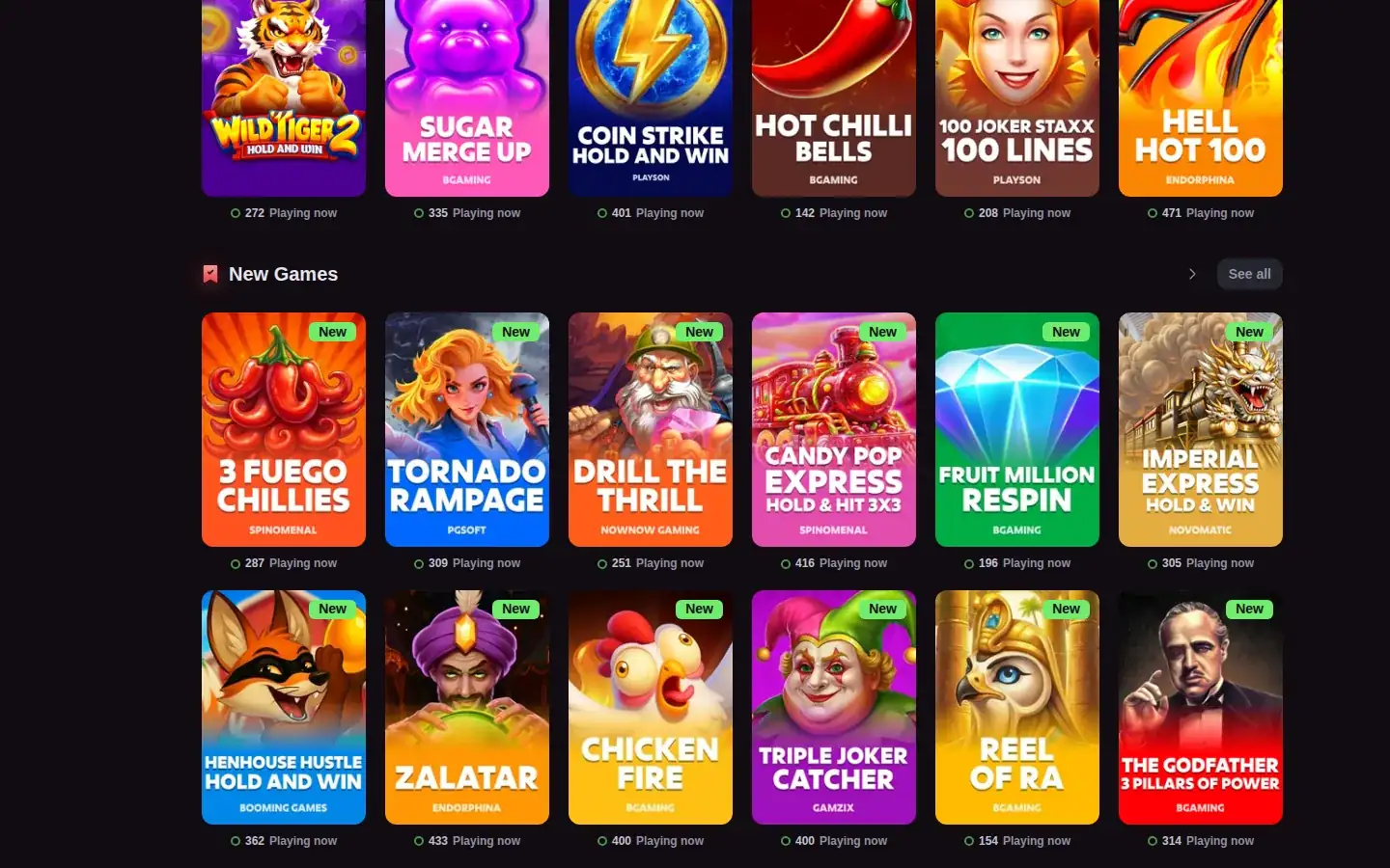 Slot-Lobby mit Kacheln von BGaming, Endorphina, Playson, PGSoft, Novomatic, Spinomenal und mehr