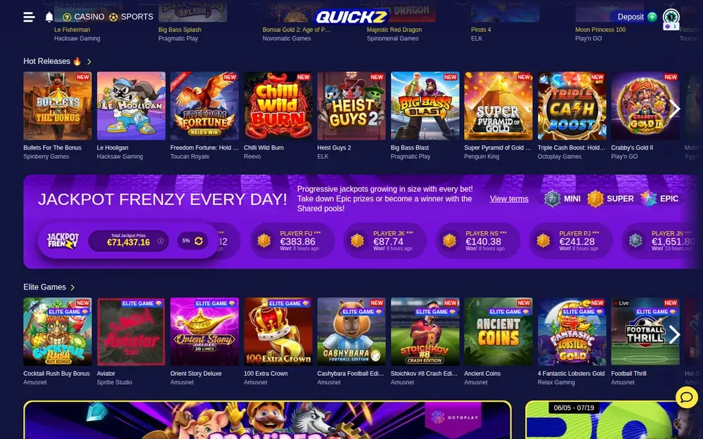Quickz Jackpot-Frenzy-Banner und ELITE-Games-Regal mit Amusnet-Exklusivtiteln