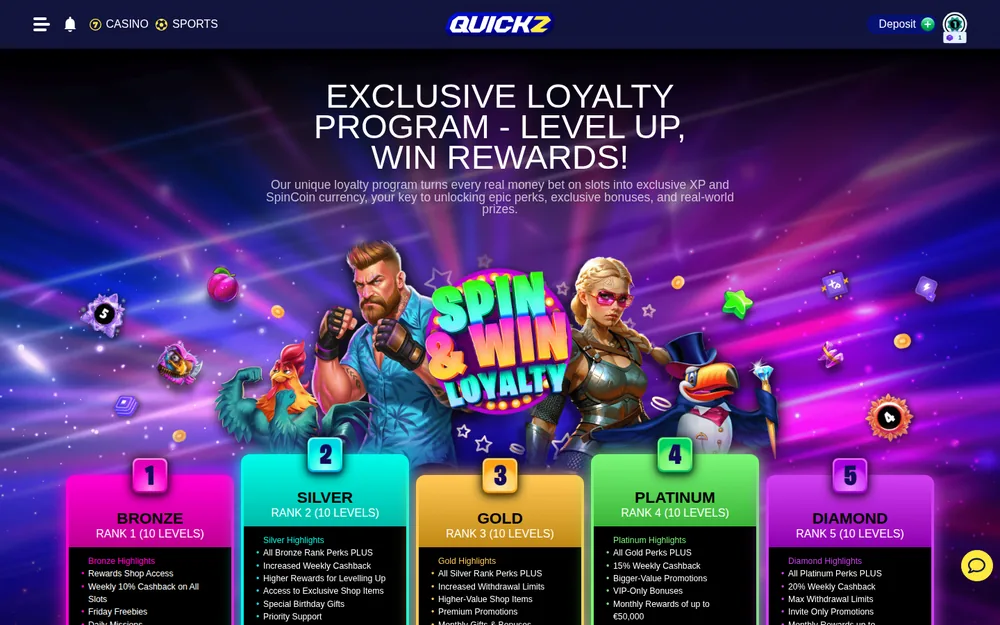 Quickz Spin & Win Treueprogramm mit Rängen von Bronze bis Diamond