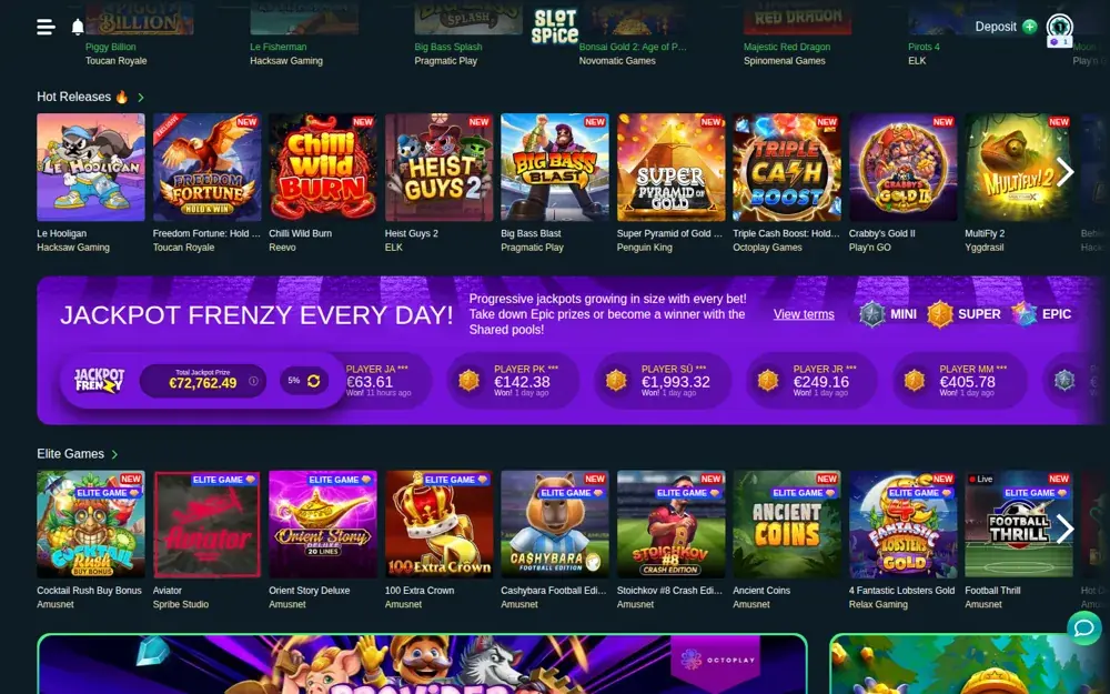 SlotSpice Jackpot-Frenzy-Banner und ELITE-Games-Regal