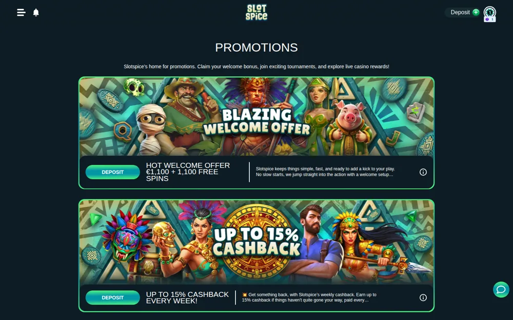 SlotSpice Aktionsseite mit dem Blazing Welcome Offer und den 15-%-Cashback-Bannern