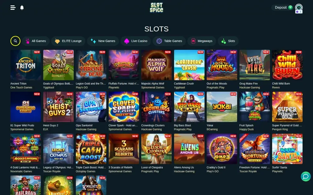 SlotSpice Slot-Lobby mit neuen Titeln von Hacksaw, ELK, Novomatic und Octoplay