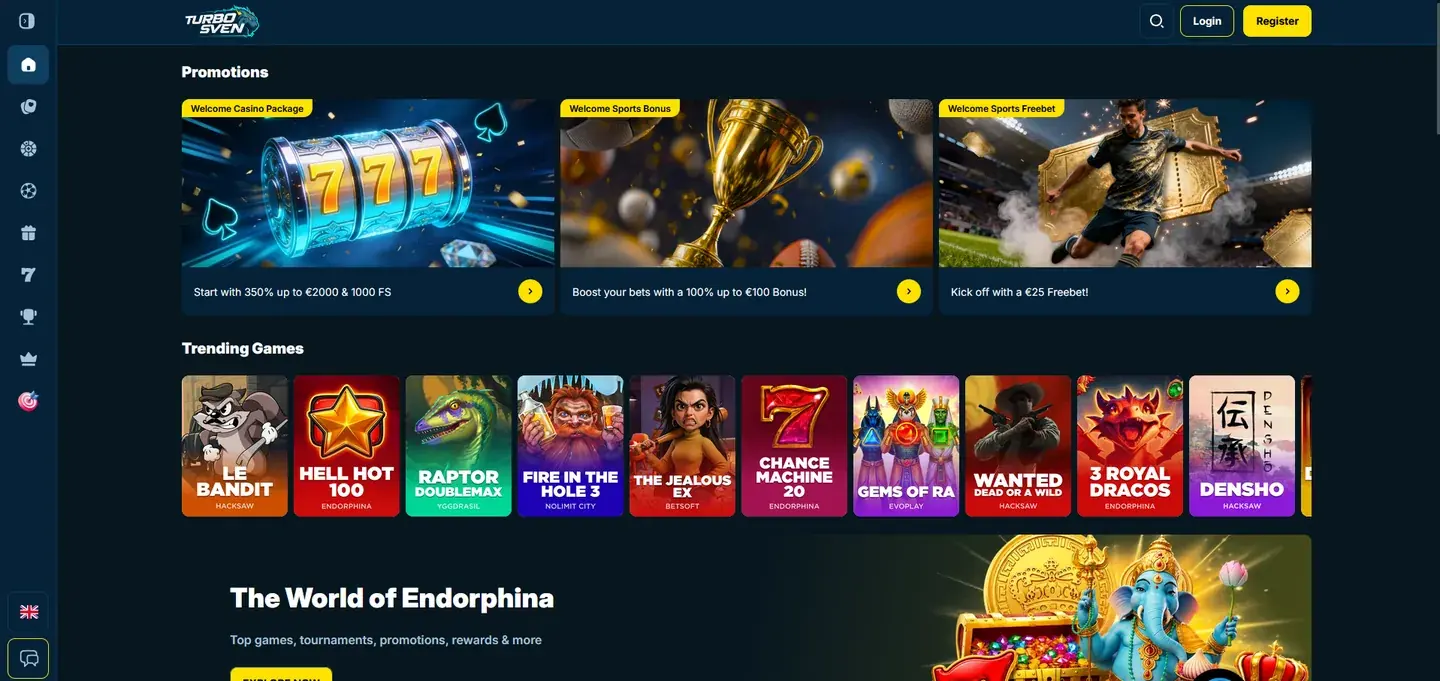 TurboSvens startsida med välkomstpaketet på 350% och populära speltitlar