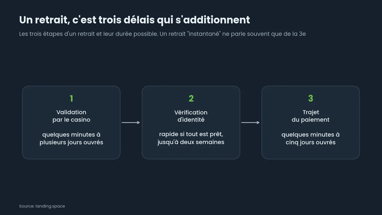 Schéma des trois délais d'un retrait: validation par le casino (minutes à plusieurs jours ouvrés), vérification d'identité (jusqu'à deux semaines), trajet du paiement (jusqu'à cinq jours ouvrés).