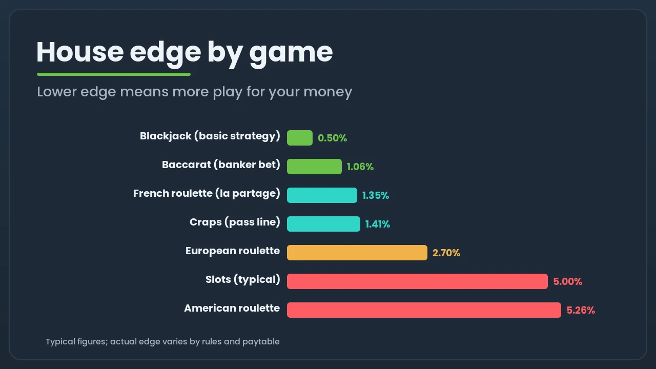 Horizontal bar chart of the house edge by game, from blackjack at 0.5 percent up to American roulette at 5.26 percent