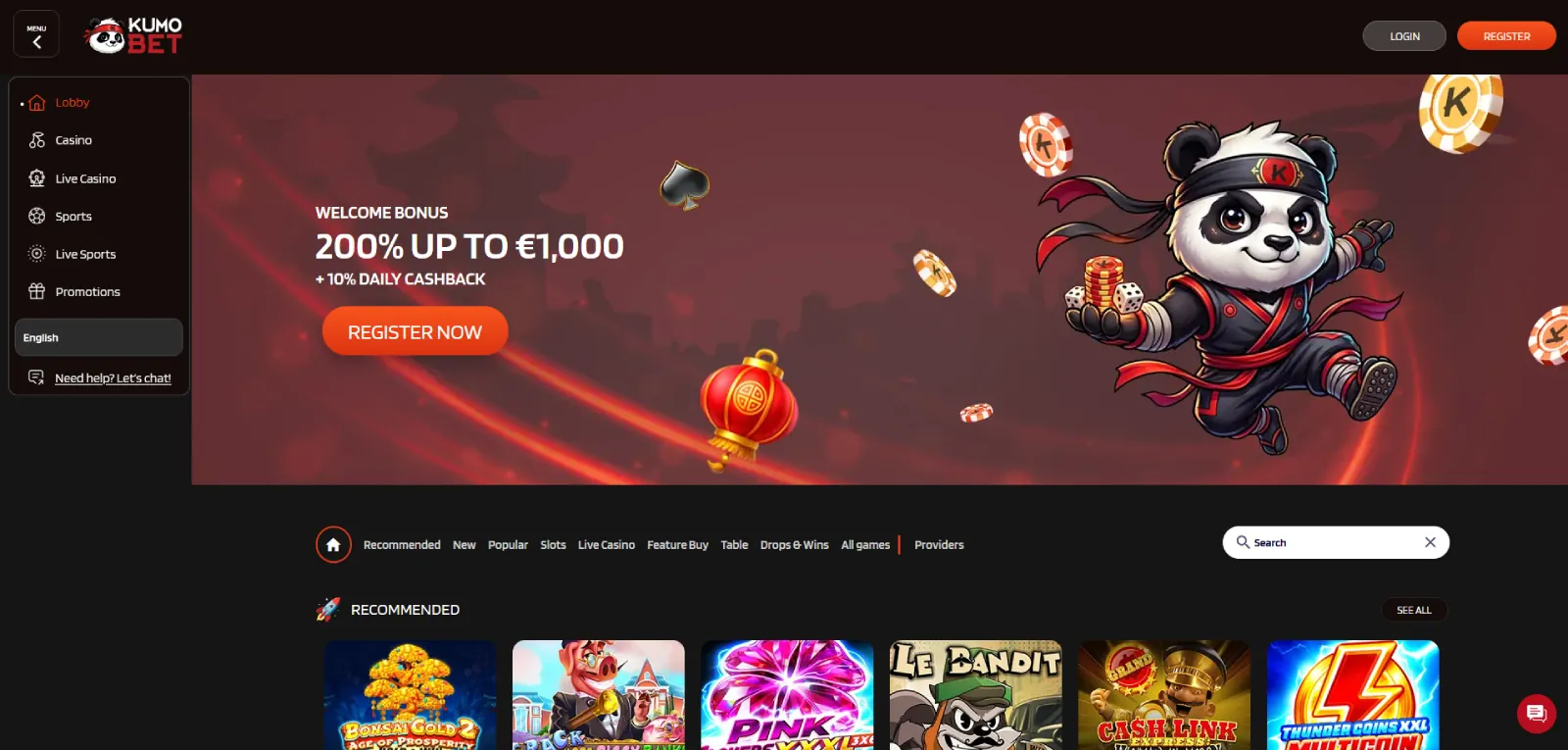 KumoBet casino forside med velkomstbonus