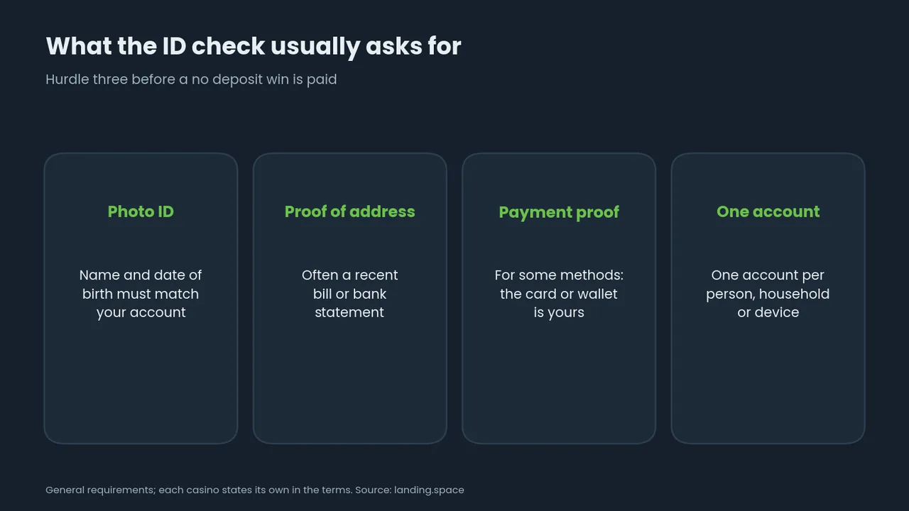 Diagram: the ID check usually asks for photo ID, proof of address, payment proof and one account per person