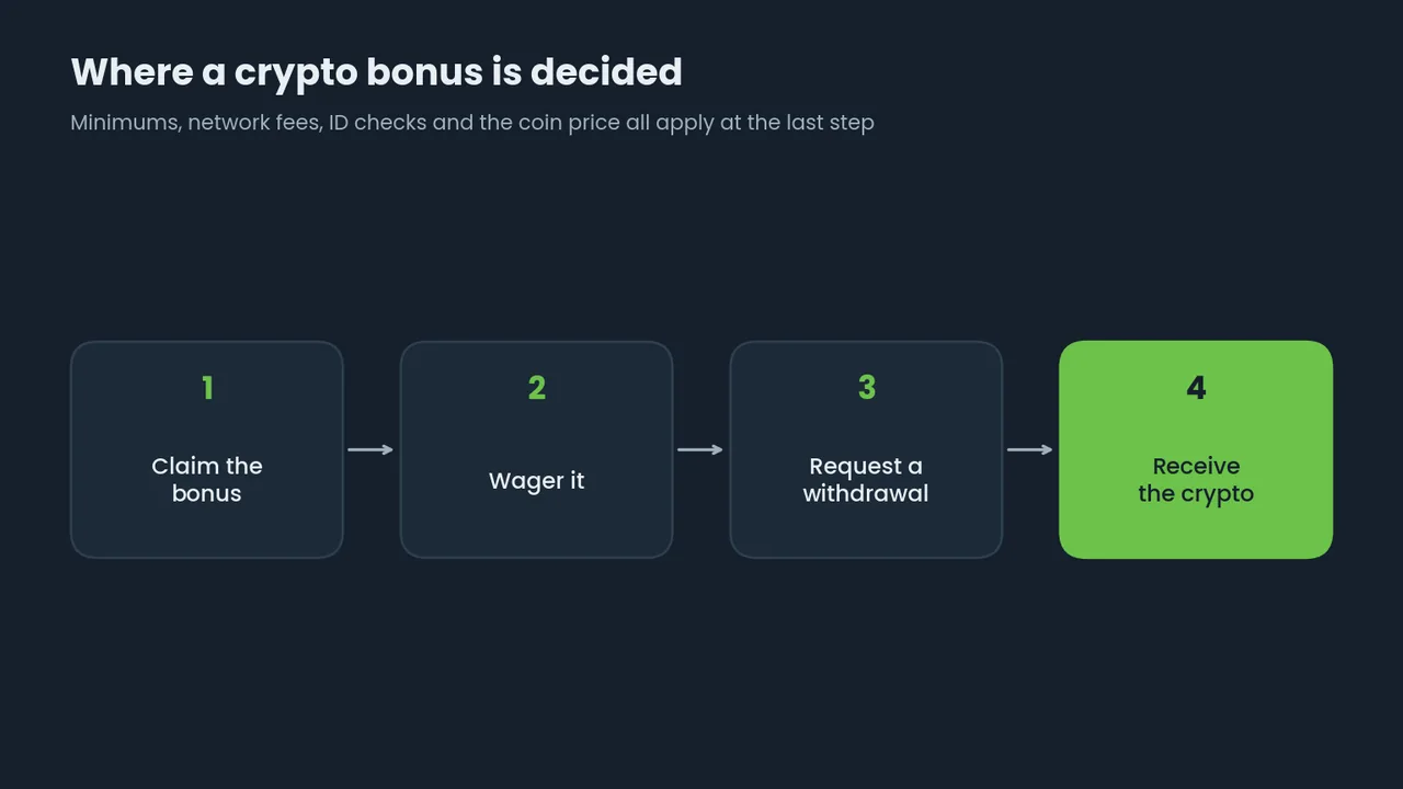 Flow chart: claim the bonus, wager it, request a withdrawal, receive the crypto